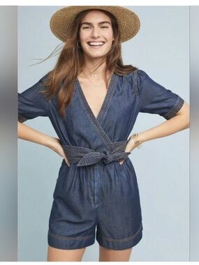 Pilcro and the Letterpress Anthropologie Denim Wrap Romper, Tan Topstitching